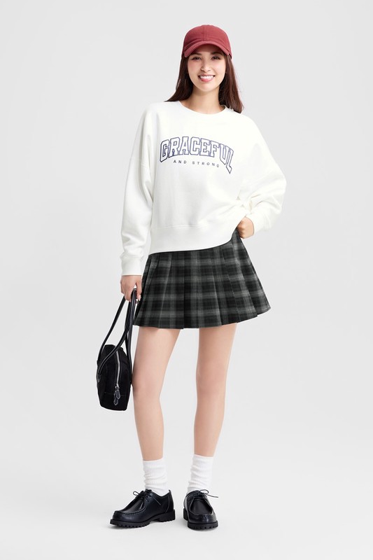 刷毛寬短版印花圓領衫-女