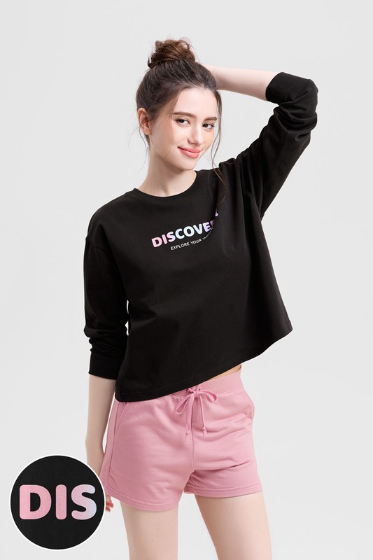 Discovery寬短版長袖印花T恤-03-女