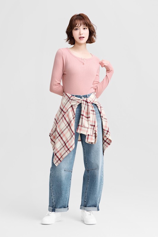 羅紋提花短版長袖T恤-女