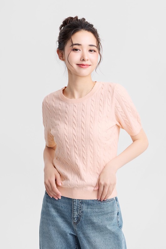 麻花圓領短袖針織毛衣-女