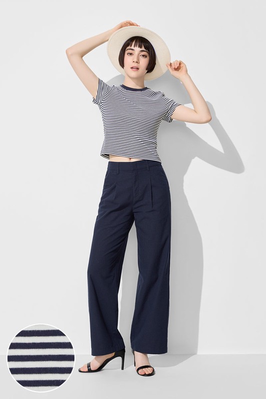 棉質羅紋條紋短版T恤-女