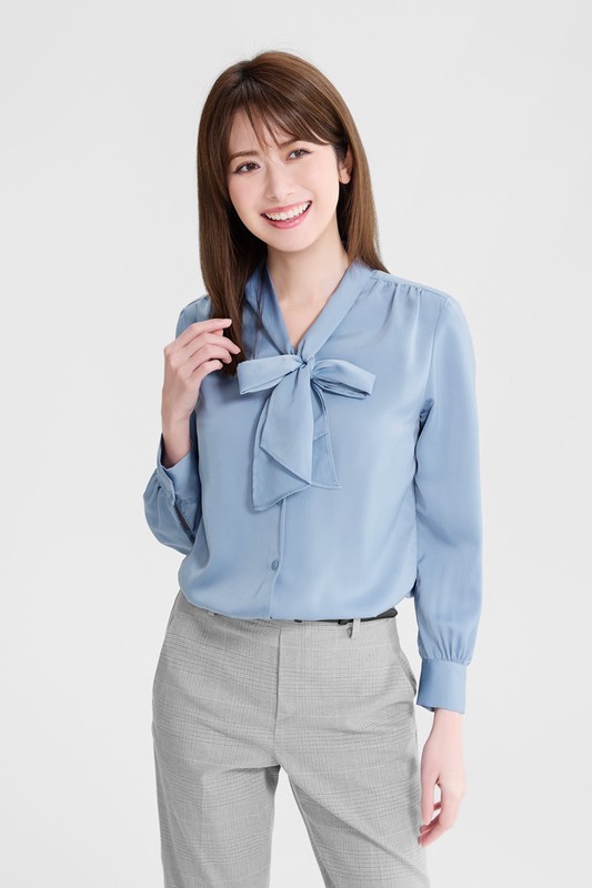 緞面領結長袖襯衫-女