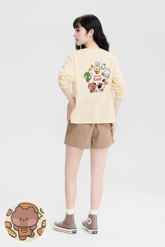 LINE FRIENDS minini寬短版落肩長袖印花T恤-03-女