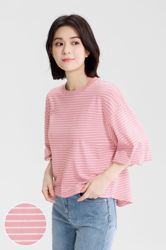 純棉條紋開衩五分袖上衣-女