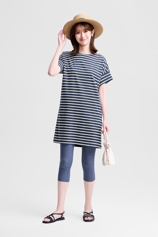 柔滑棉條紋寬鬆洋裝-女