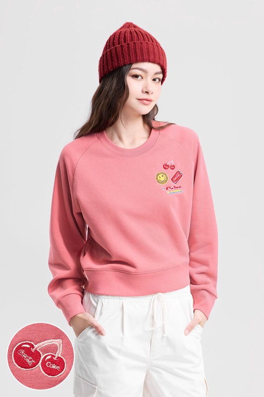 可口可樂毛圈寬短版電繡圓領衫-08-女