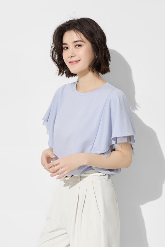 柔滑棉網紗荷葉袖上衣-女