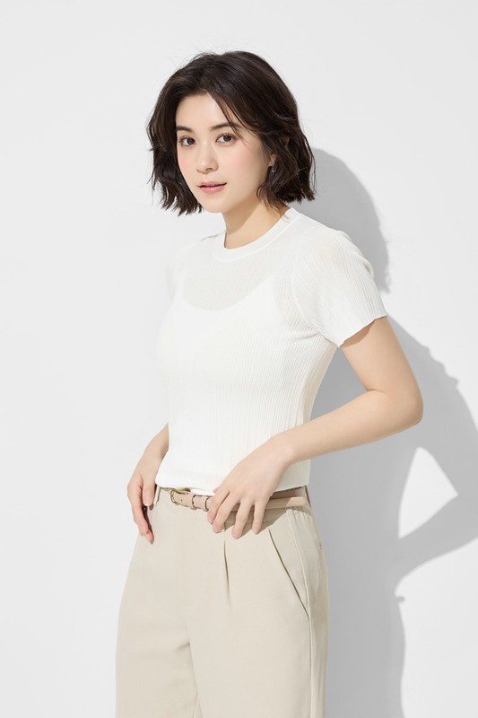 透膚羅紋針織短袖上衣-女