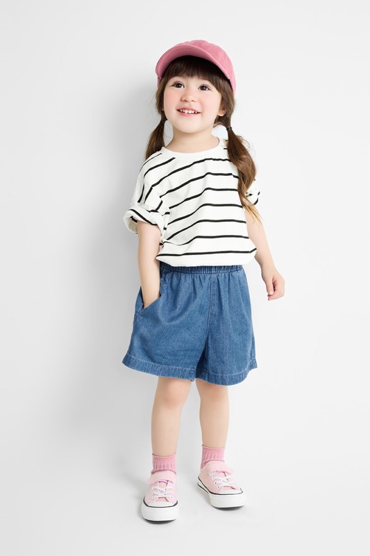 純棉條紋寬版落肩T恤-童