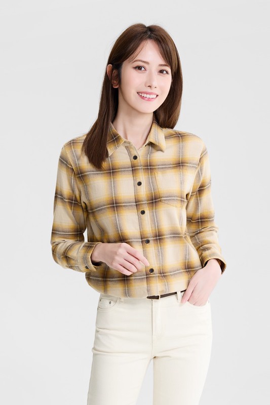 法蘭絨格紋長袖襯衫-女