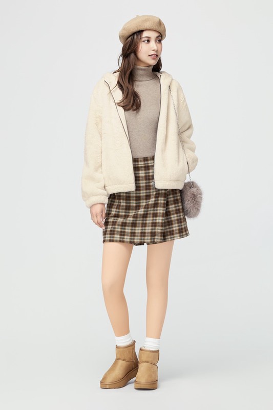 法蘭絨格紋褲裙-女