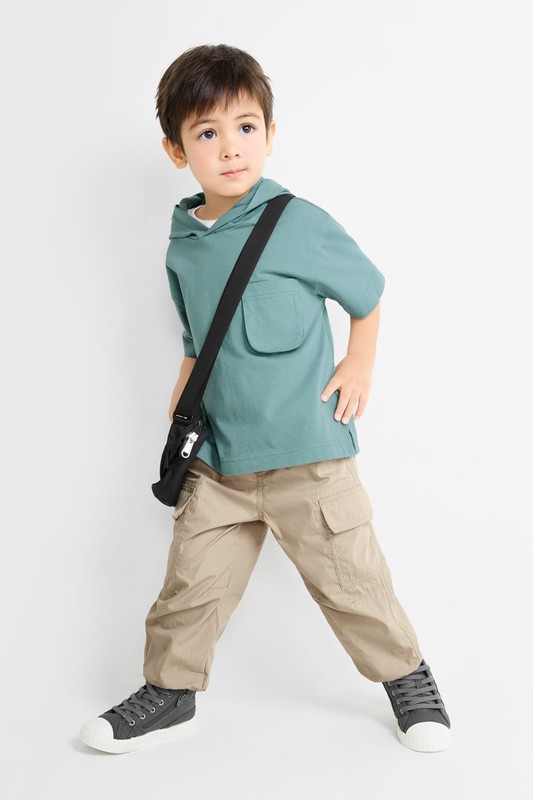 純棉寬版口袋連帽上衣-童