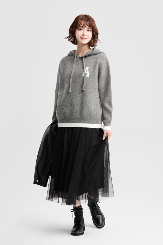 粗針混紡寬版連帽毛衣-女