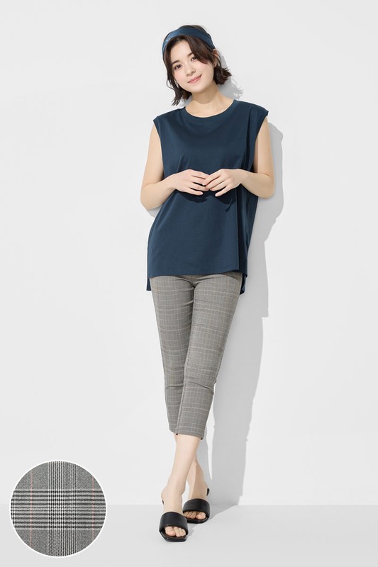 彈力格紋七分緊身褲-女