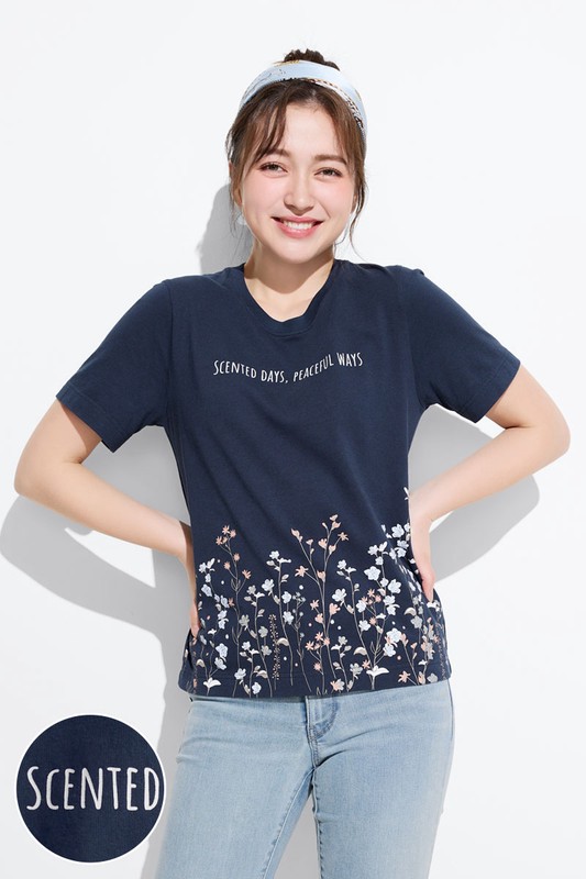 文字花卉厚版印花T恤-女