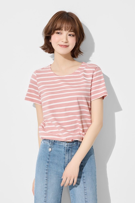 竹節棉條紋短袖T恤-女
