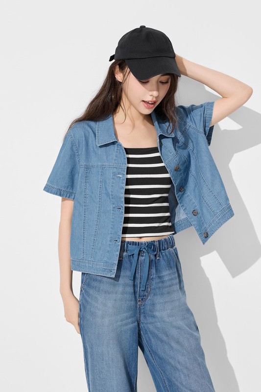 牛仔短袖襯衫式外套-女