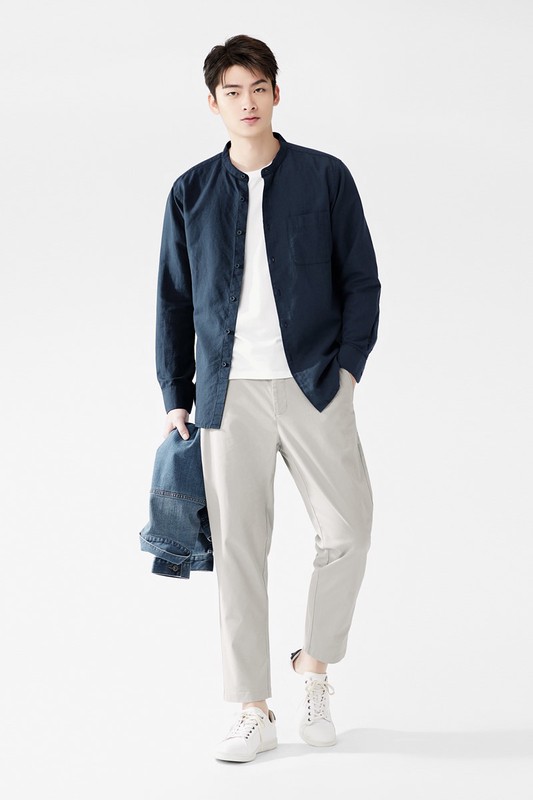 棉麻立領長袖襯衫-男