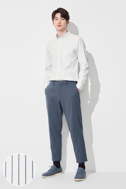 商務彈性條紋長袖襯衫-男