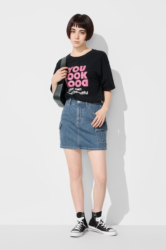 竹節棉落肩寬版文字T恤-女