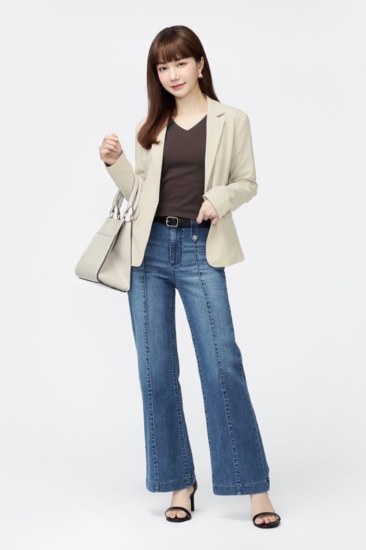 棉質羅紋V領長袖T恤-女