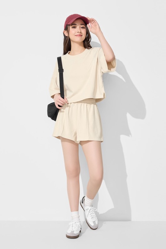 毛圈寬鬆短版五分袖T恤-女