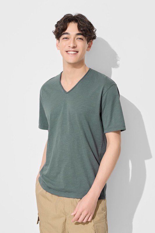 竹節棉V領T恤-男
