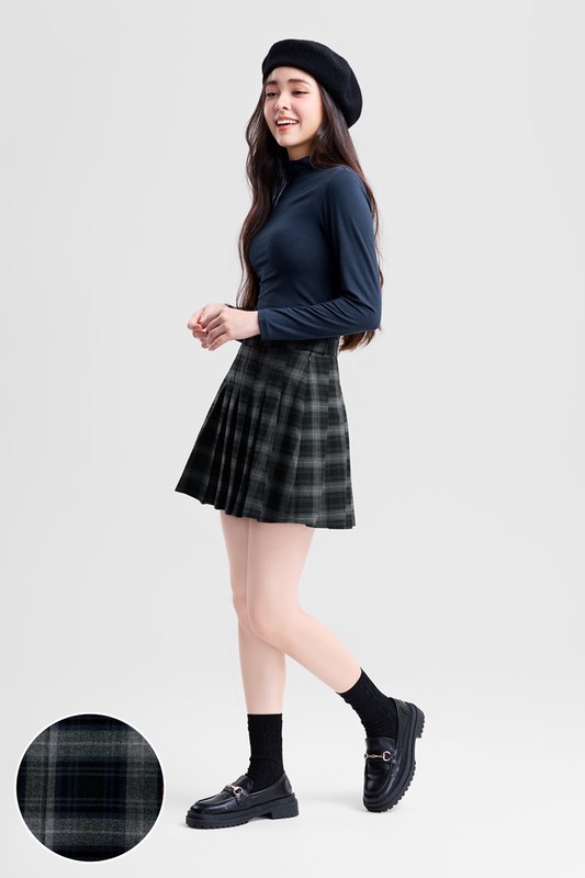 格紋百褶連褲短裙-女