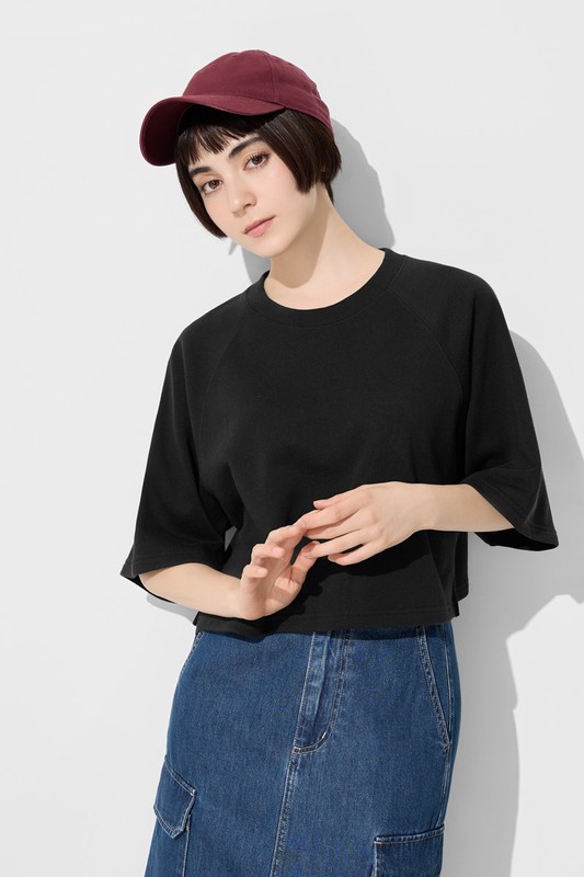 毛圈寬鬆短版五分袖T恤-女