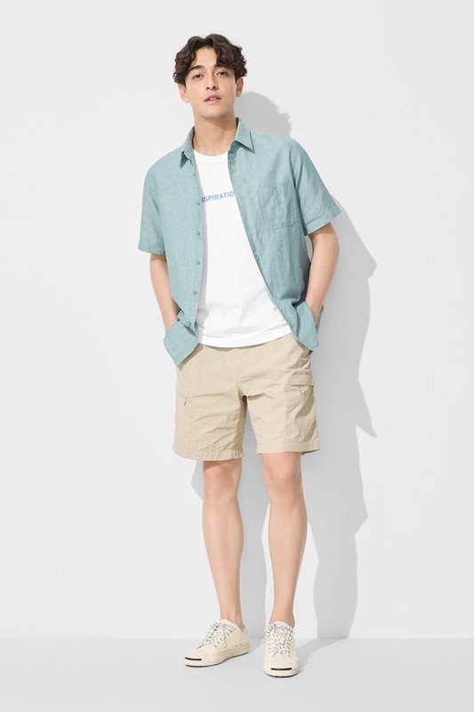 棉麻短袖襯衫-男