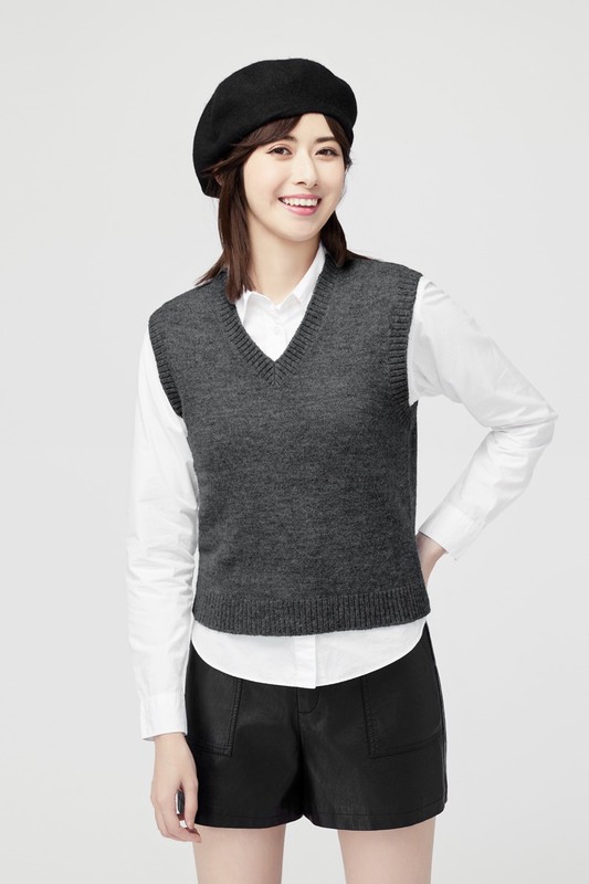 粗針混紡V領針織背心-女