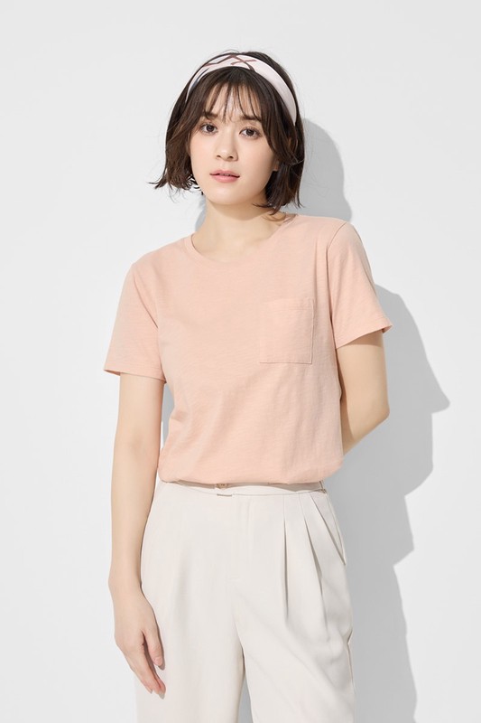 竹節棉口袋短袖T恤-女