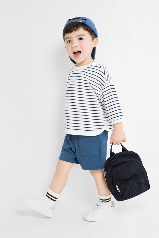 純棉條紋寬版七分袖T恤-童