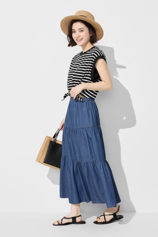 純棉寬版條紋綁帶上衣-女