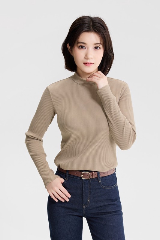 羅紋立領長袖T恤-女