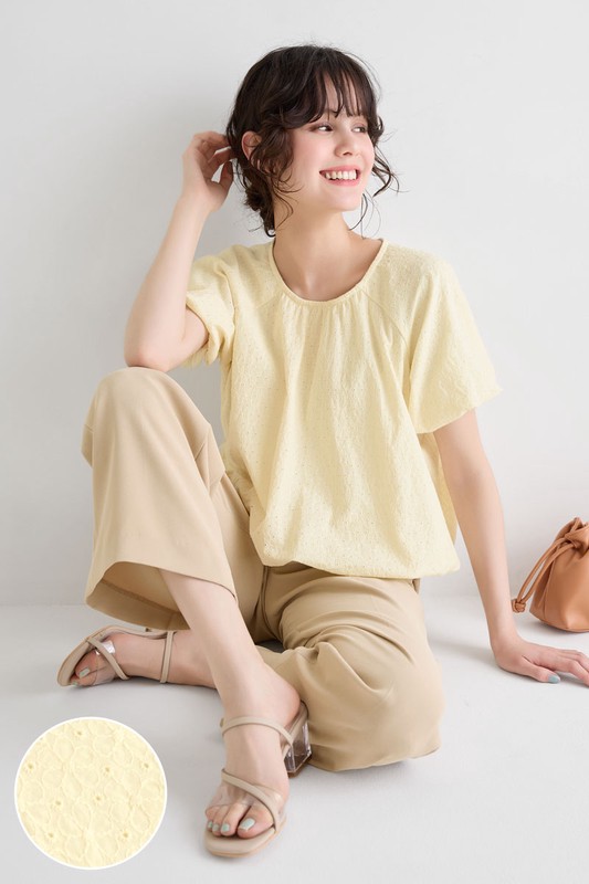 棉質花瓣蕾絲澎袖上衣-女