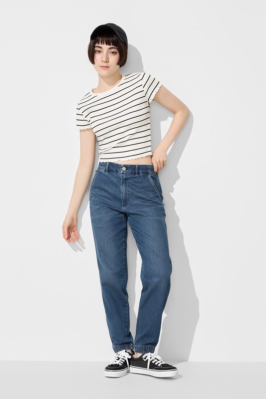 羅紋條紋木耳邊短版T恤-女