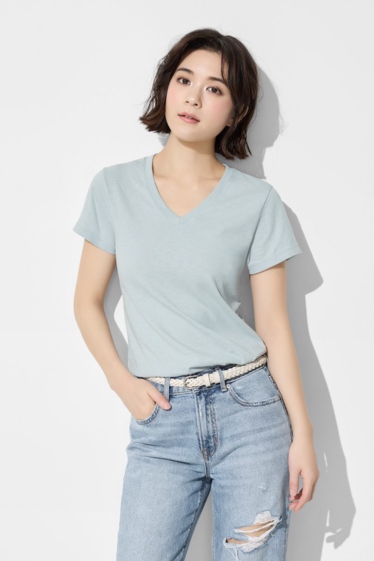 竹節棉V領T恤-女