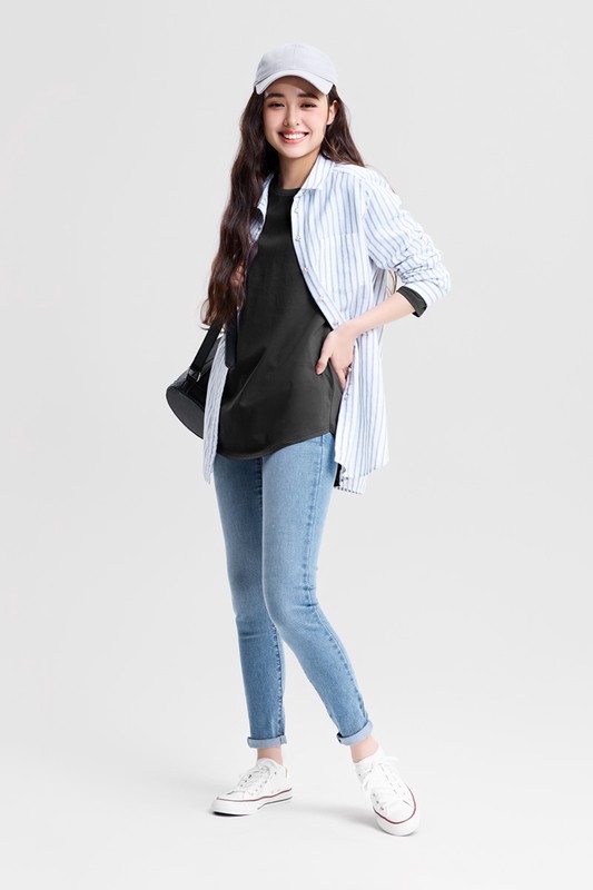 絲光棉寬鬆圓領長版T恤-女