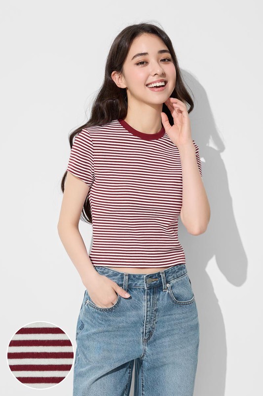 棉質羅紋條紋短版T恤-女