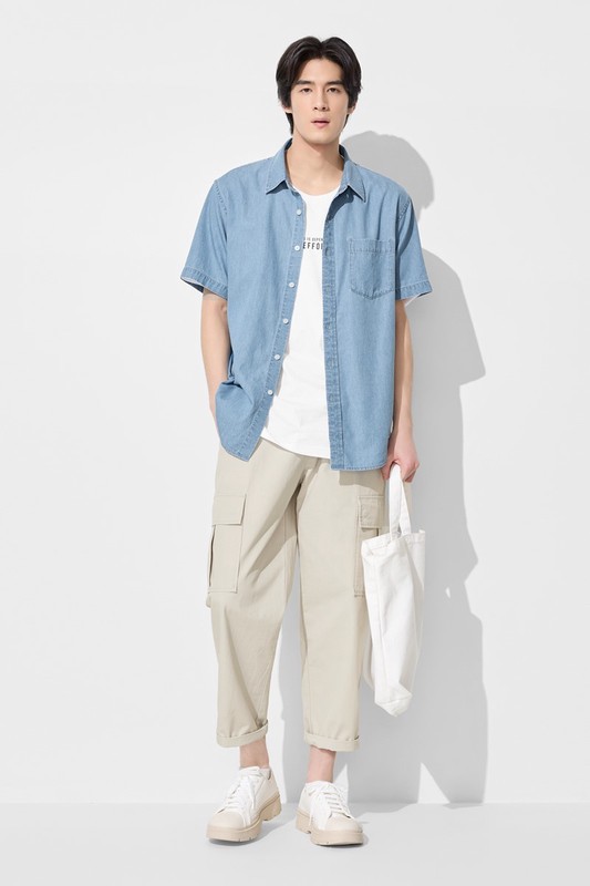 輕型牛仔短袖襯衫-男