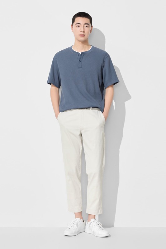 華夫格亨利領寬版T恤-男