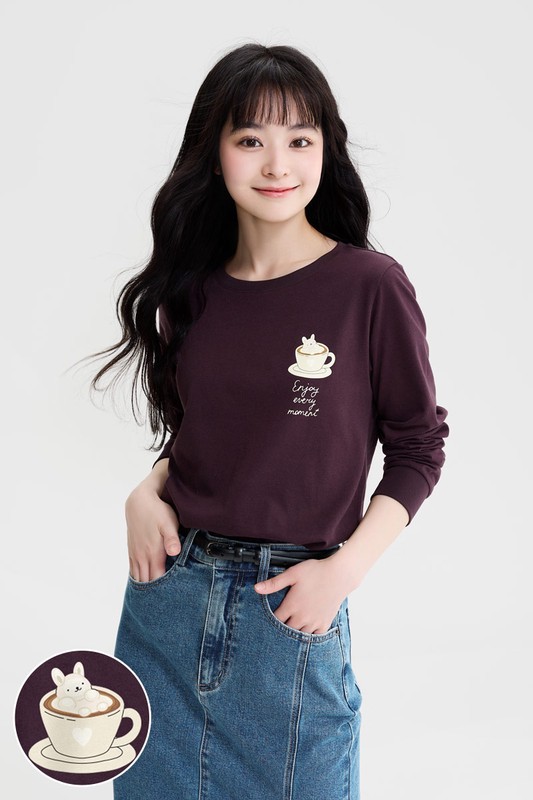 暖暖咖啡長袖印花T恤-女
