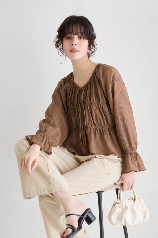 透膚細褶短版綁帶上衣-女