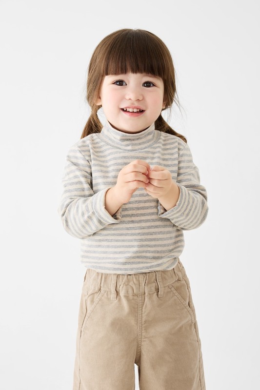 磨毛羅紋條紋立領T恤-童