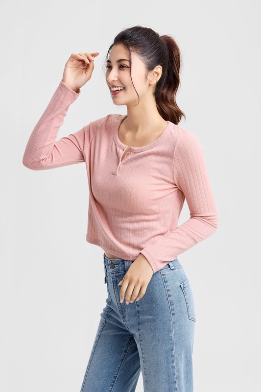 羅紋提花短版長袖T恤-女