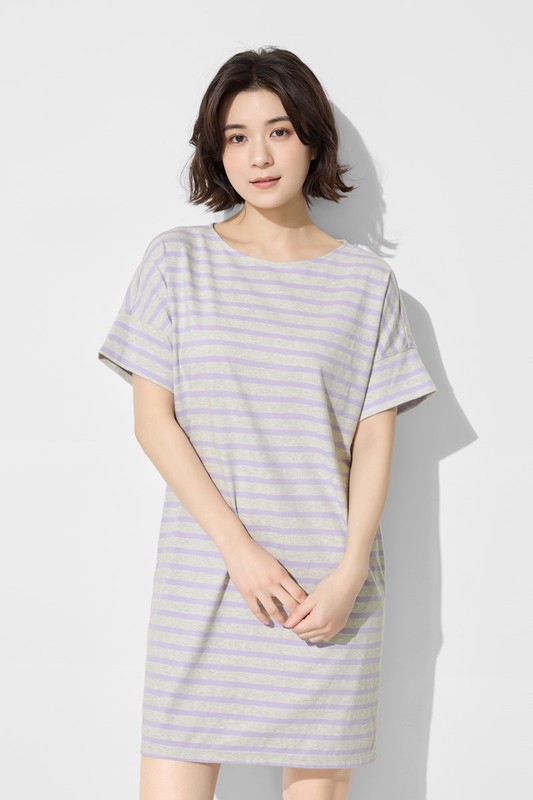 柔滑棉條紋寬鬆洋裝-女