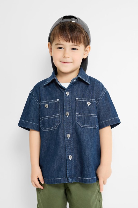 牛仔寬版短袖襯衫-童