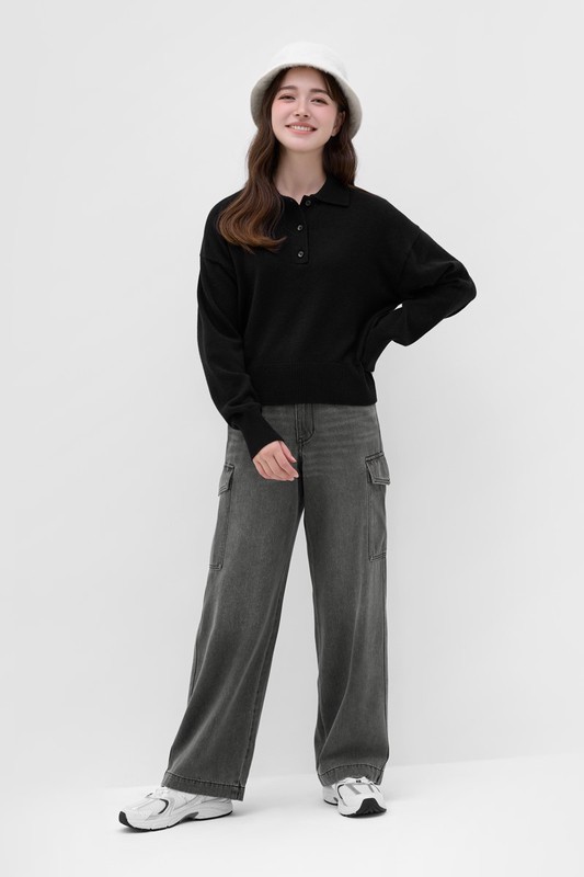 工裝牛仔寬褲-女