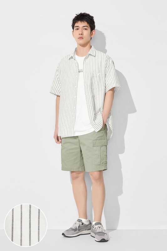 棉麻寬版條紋短袖襯衫-男
